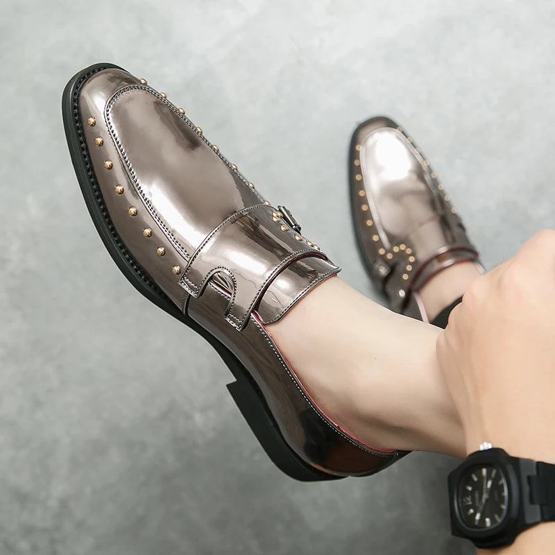 Shiny Color Rivet Leather Monk Shoes