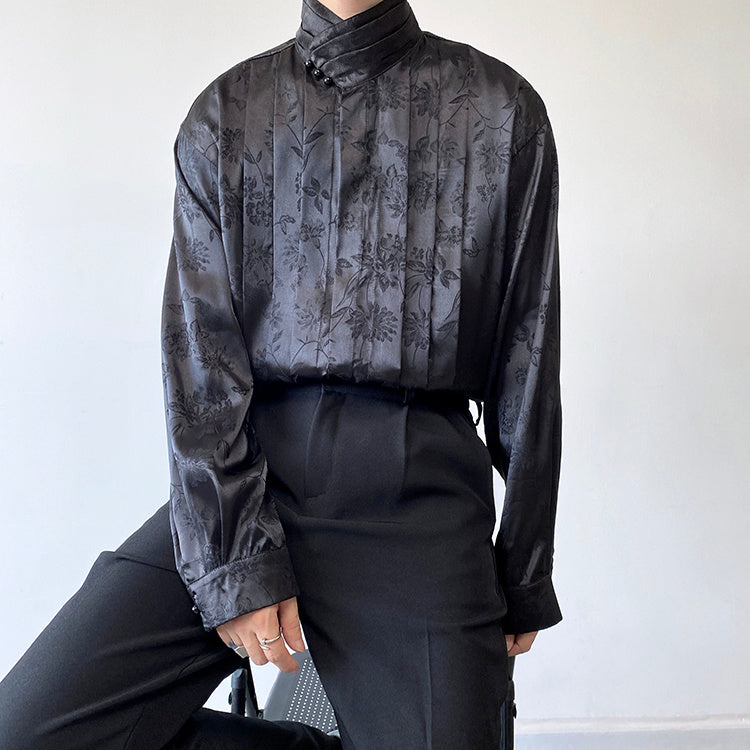 Chinese Pleated Stand Collar Shirt