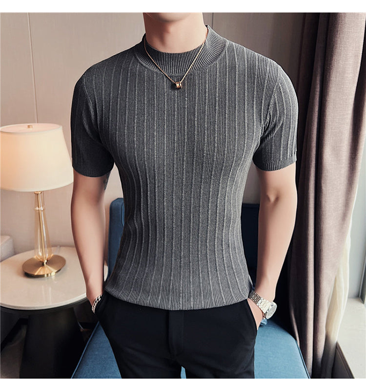 Knitted Elasticity Stripes Polyester T-Shirt