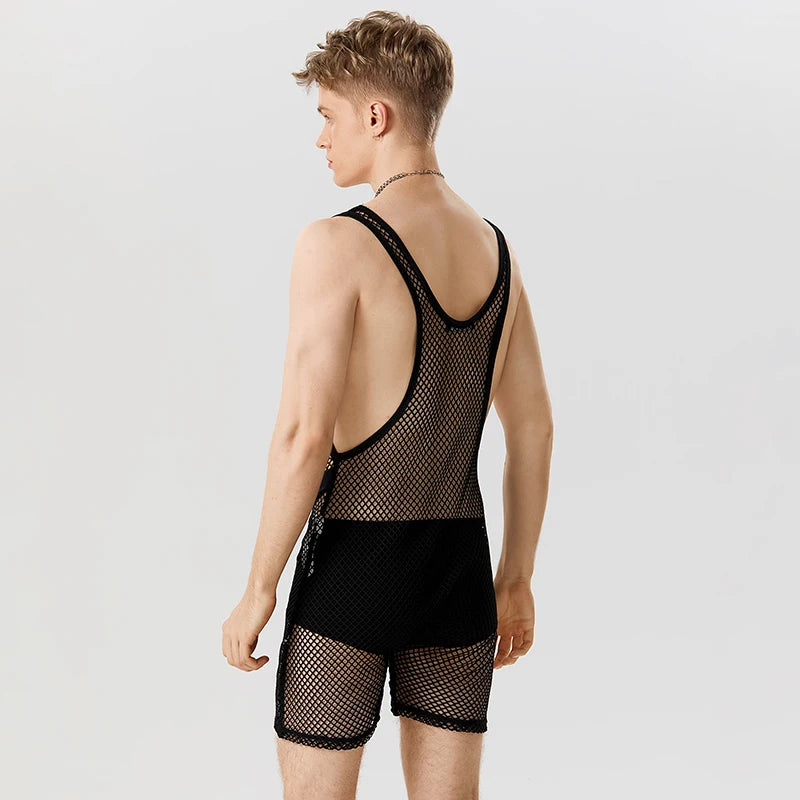 Mesh Patchwork Transparent O-neck Romper