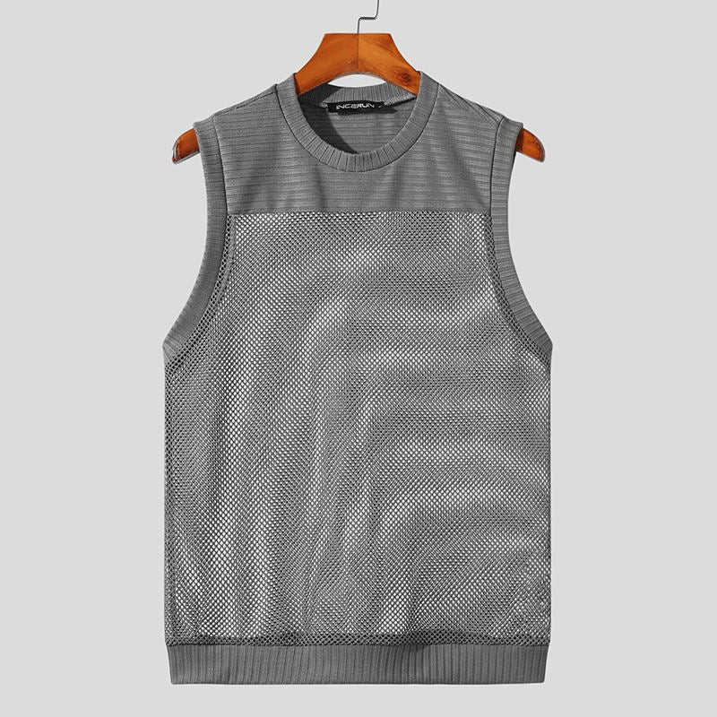 Grey Transparent Breathable O-Neck Tank Top