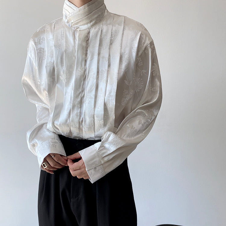 Chinese Pleated Stand Collar Shirt