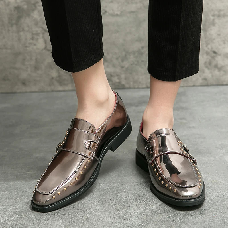 Shiny Color Rivet Leather Monk Shoes