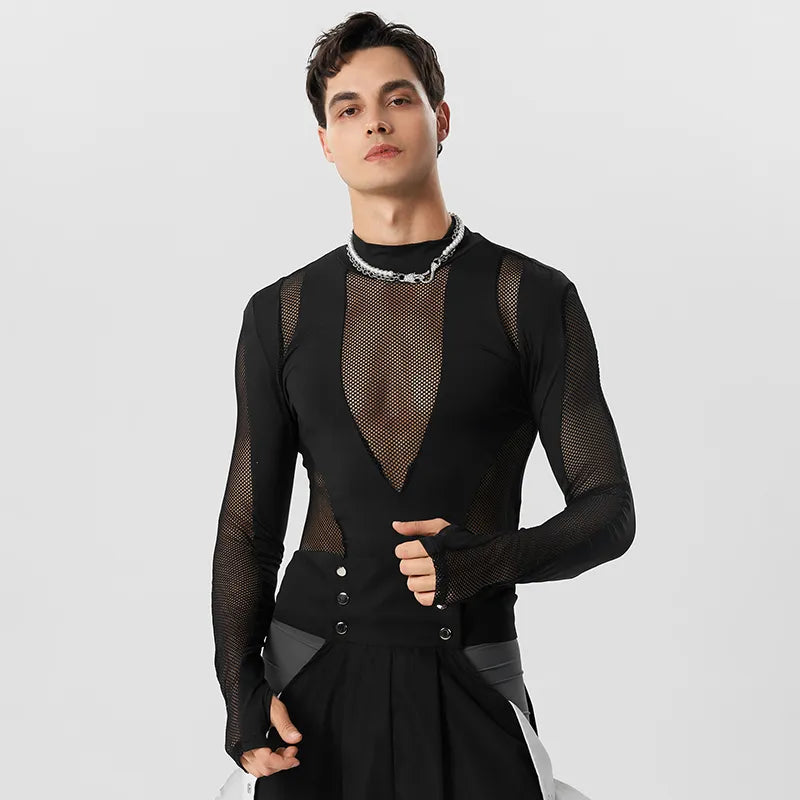 Black Mesh Patchwork Turtleneck Bodysuit