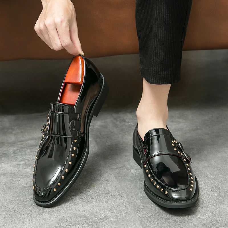 Shiny Color Rivet Leather Monk Shoes