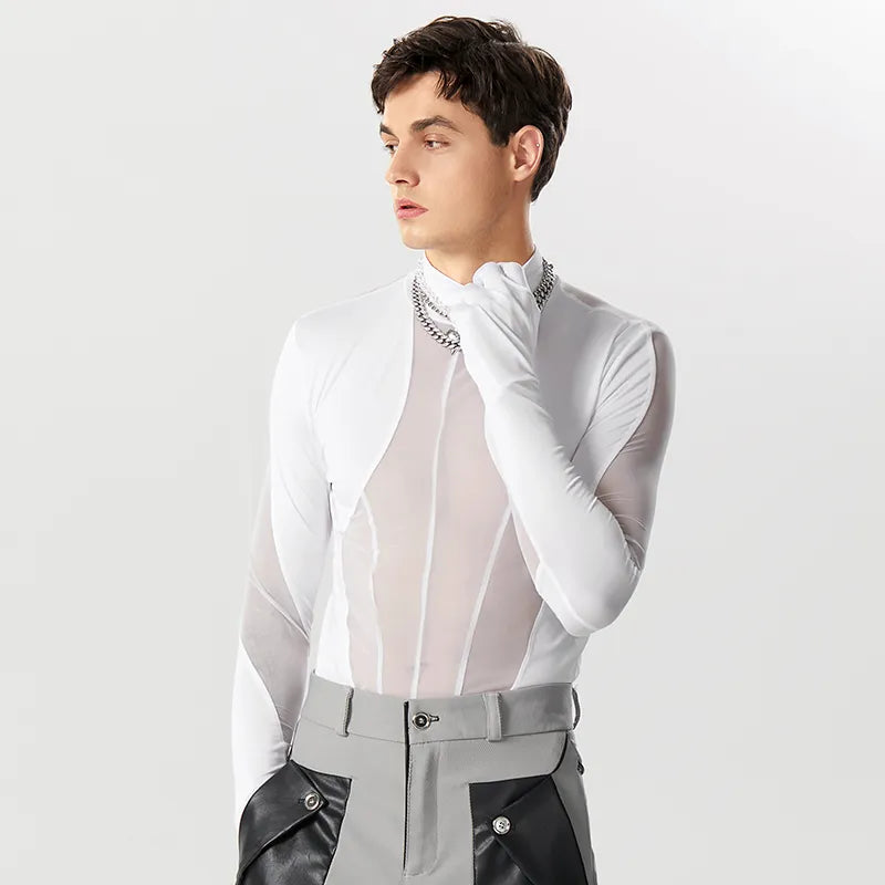 Mesh Patchwork Turtleneck Gloves Bodysuit