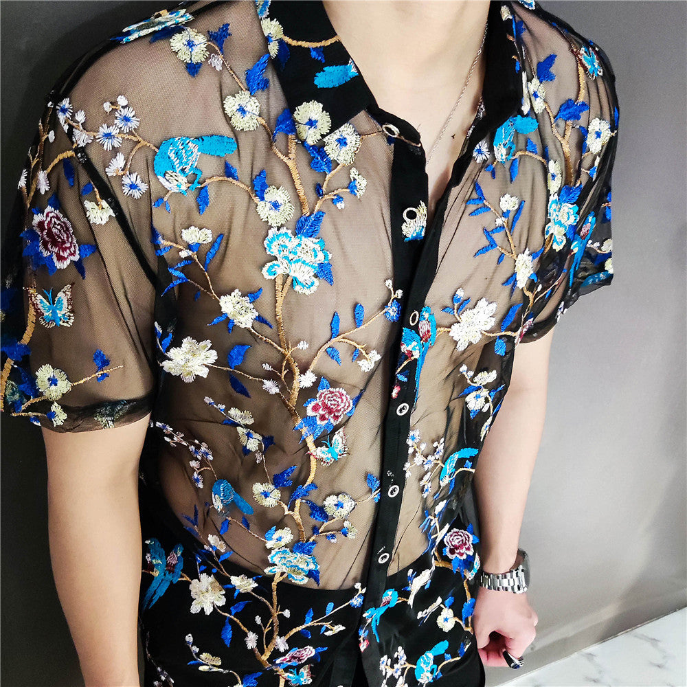 Blue Floral Embroidery See-Through Shirt