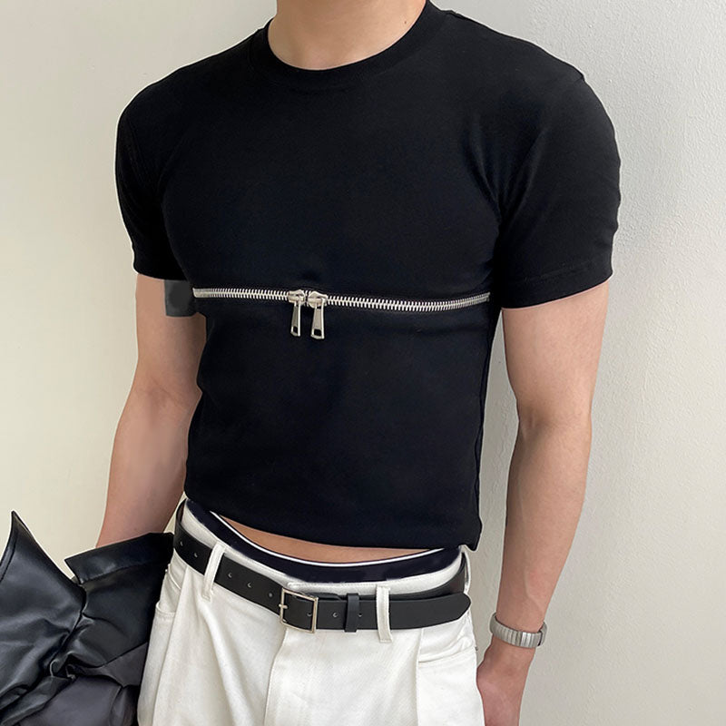 Zipper Solid Color Short Sleeve T-Shirt