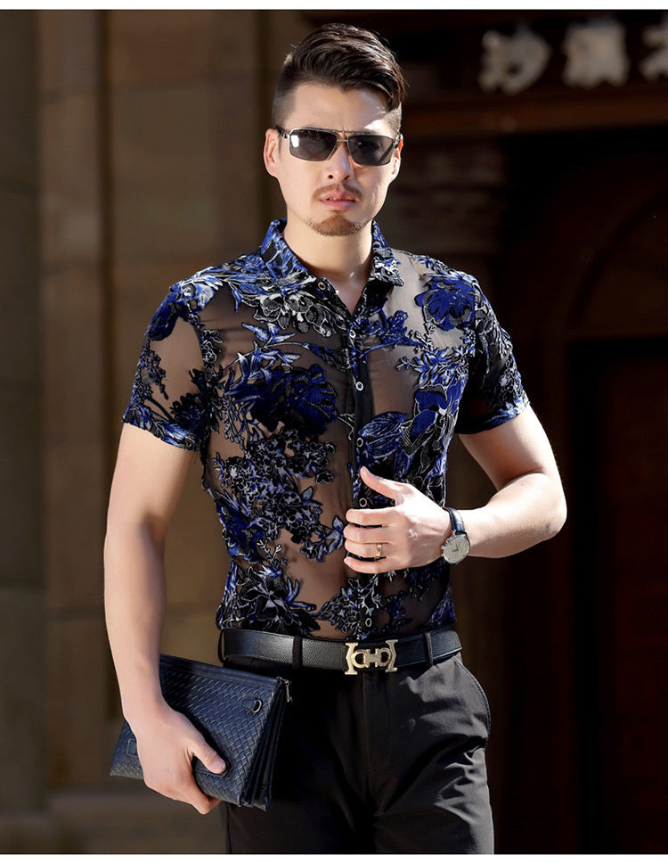 Luxury Mesh Blue Floral Men's Shirt