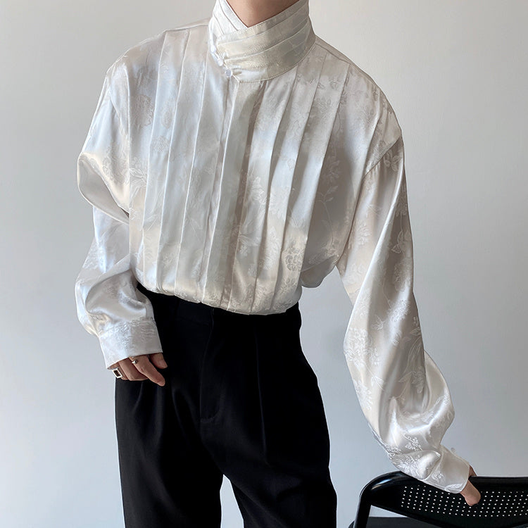 Chinese Pleated Stand Collar Shirt
