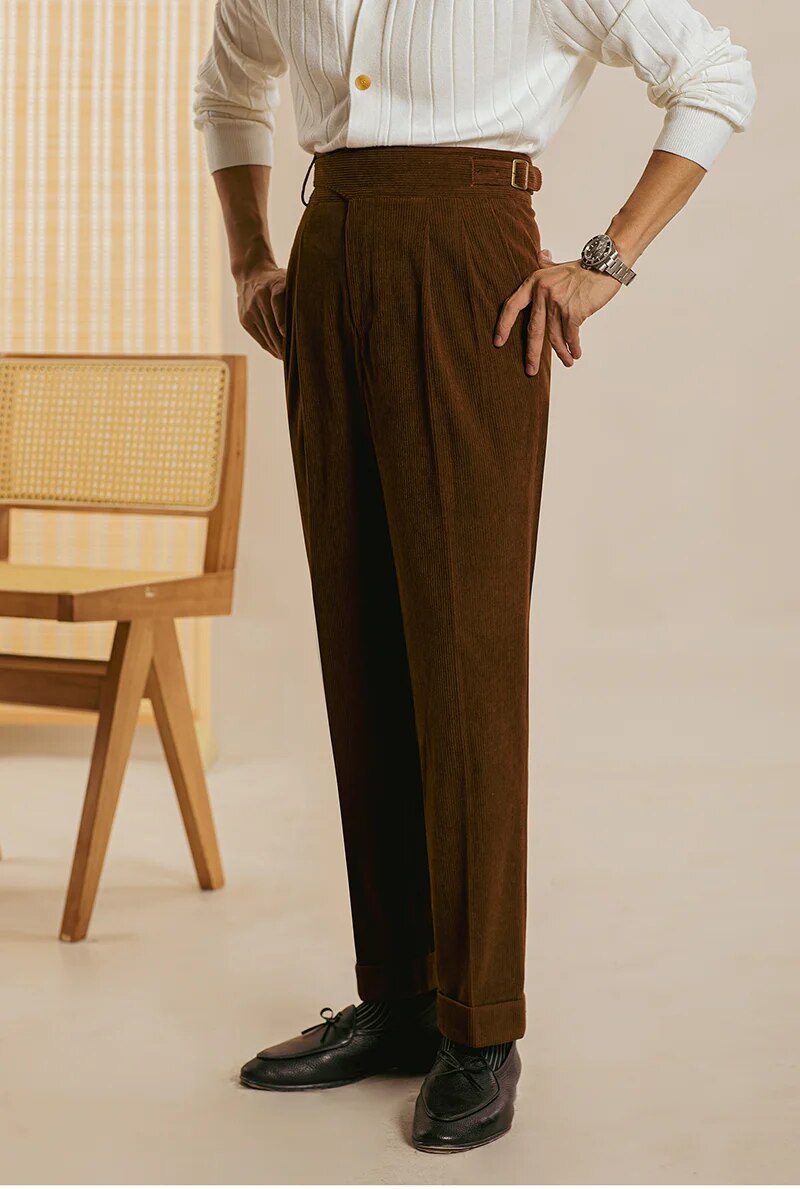 High Waist Side Buckle Corduroy Trousers