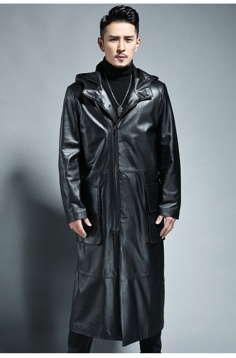 Long Black Loose Solid Leather Coat