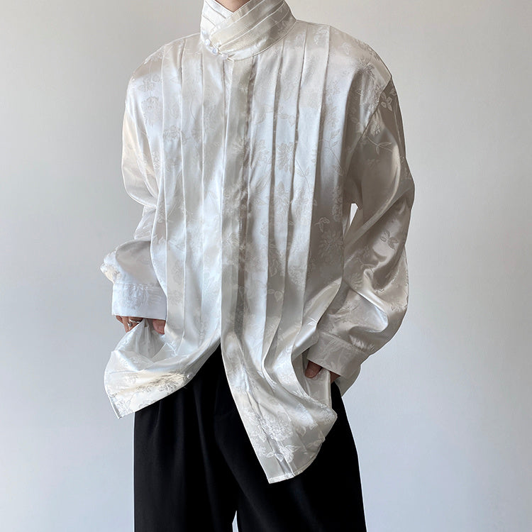 Chinese Pleated Stand Collar Shirt