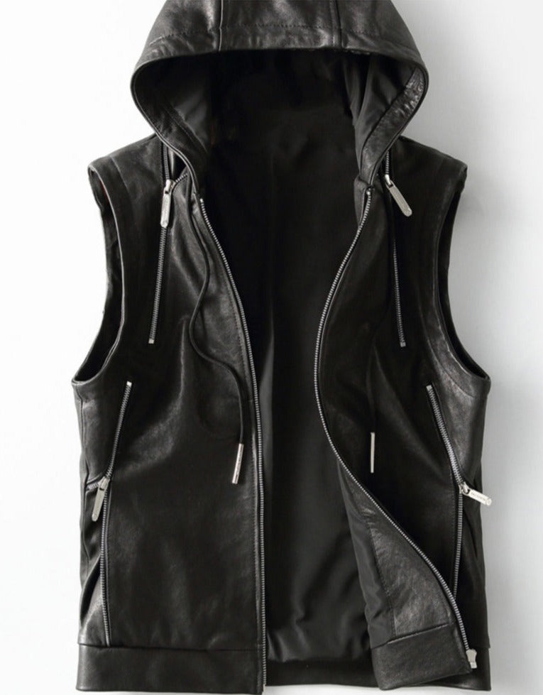 Solid Black Hooded Zipper Vest