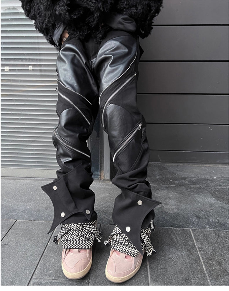 Black Patchwork Zipper Leather Pants