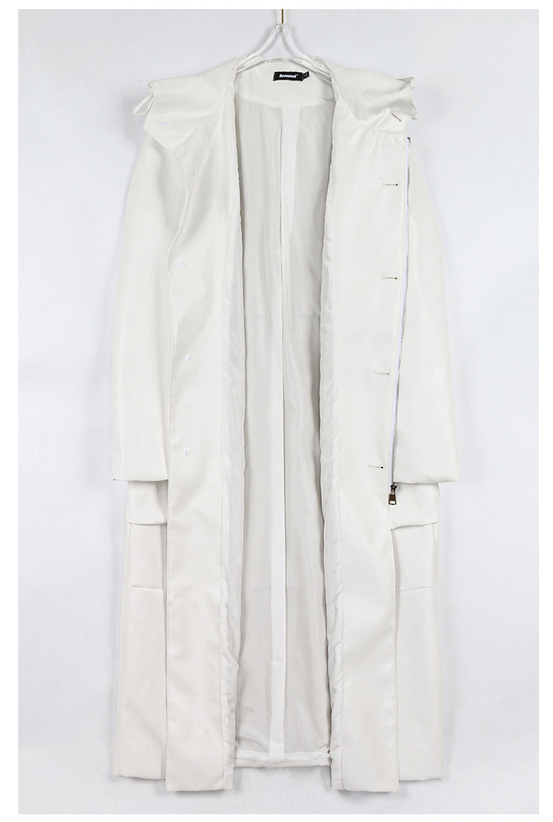 Long Black Loose Solid Leather Coat