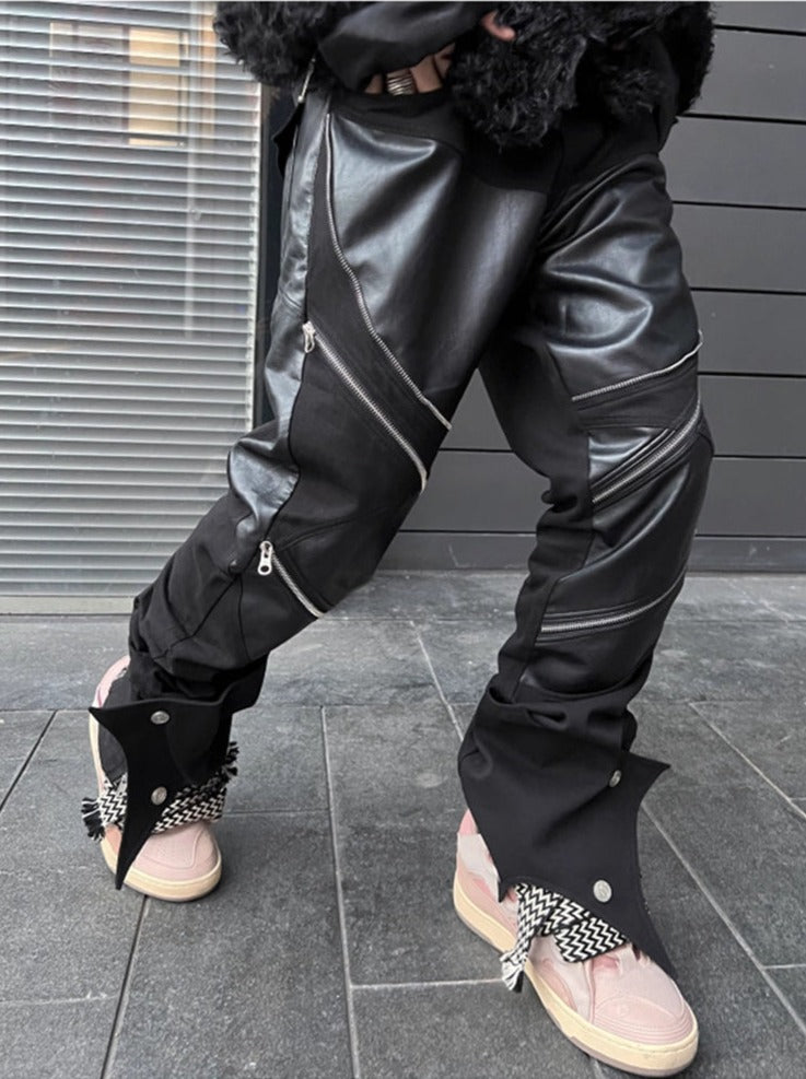 Black Patchwork Zipper Leather Pants