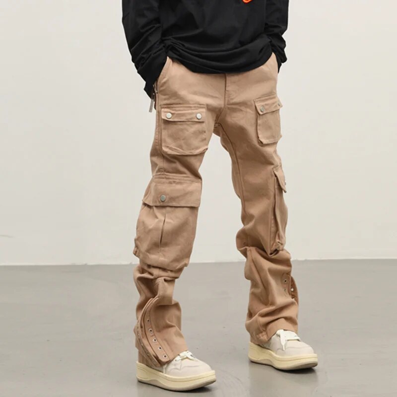 Button Holes Bottom Straight Cargo Pants