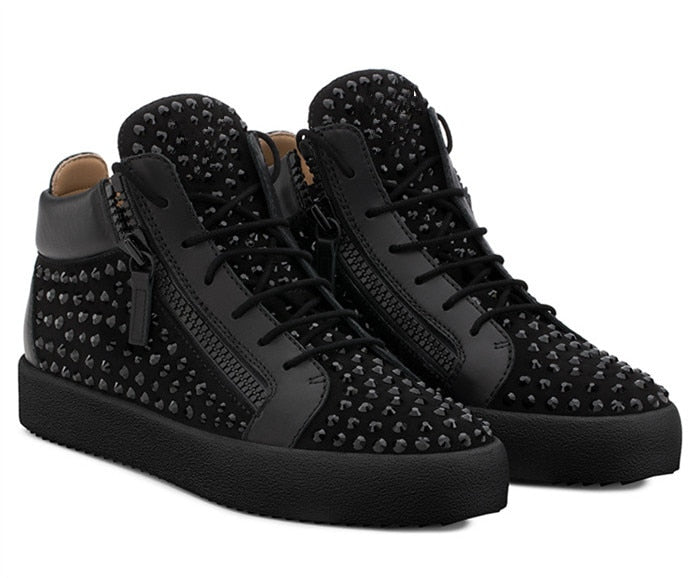 Thick Soles Zippered Rhinestone Suede Men Sneakers