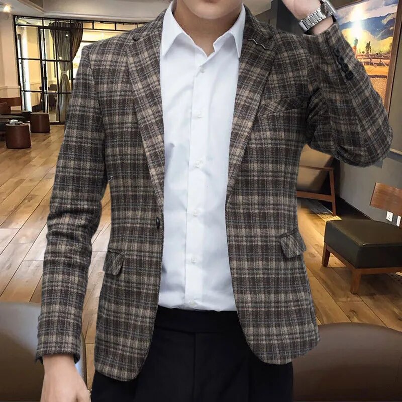 Plaid Contrast Color Polyester Blazer