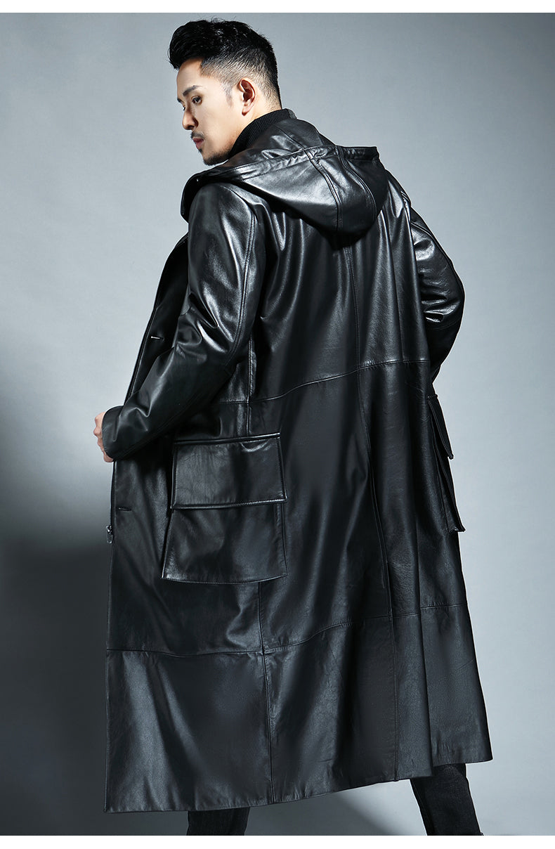 Long Black Loose Solid Leather Coat