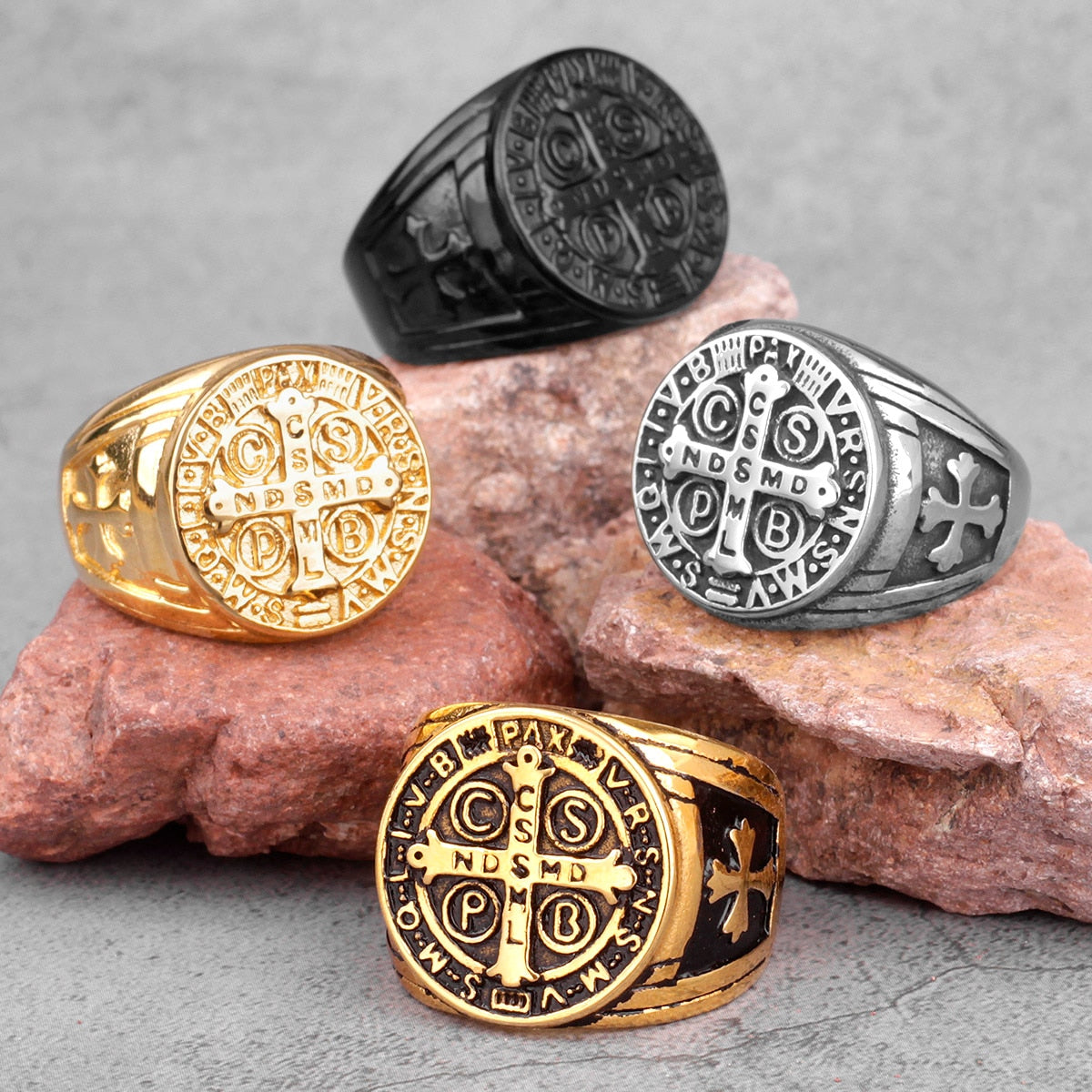 Saint Benedict Gold Black Cross Rings