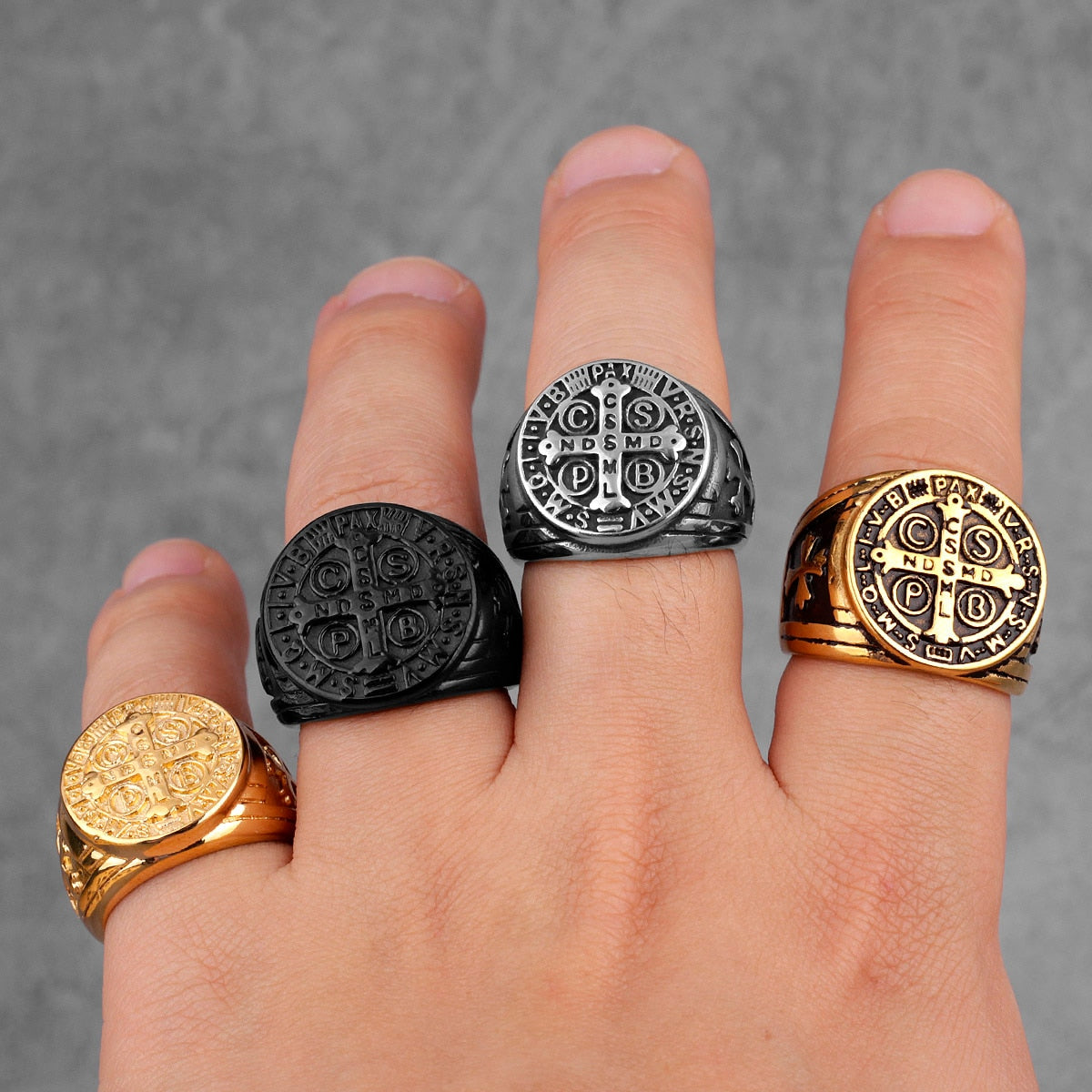 Saint Benedict Gold Black Cross Rings