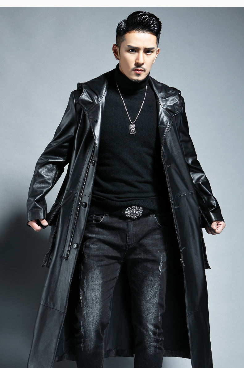 Long Black Loose Solid Leather Coat