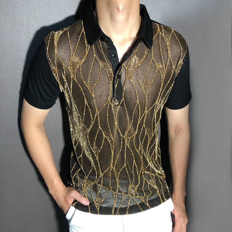 Black Gold Abstract Pattern Lace Polo Shirt