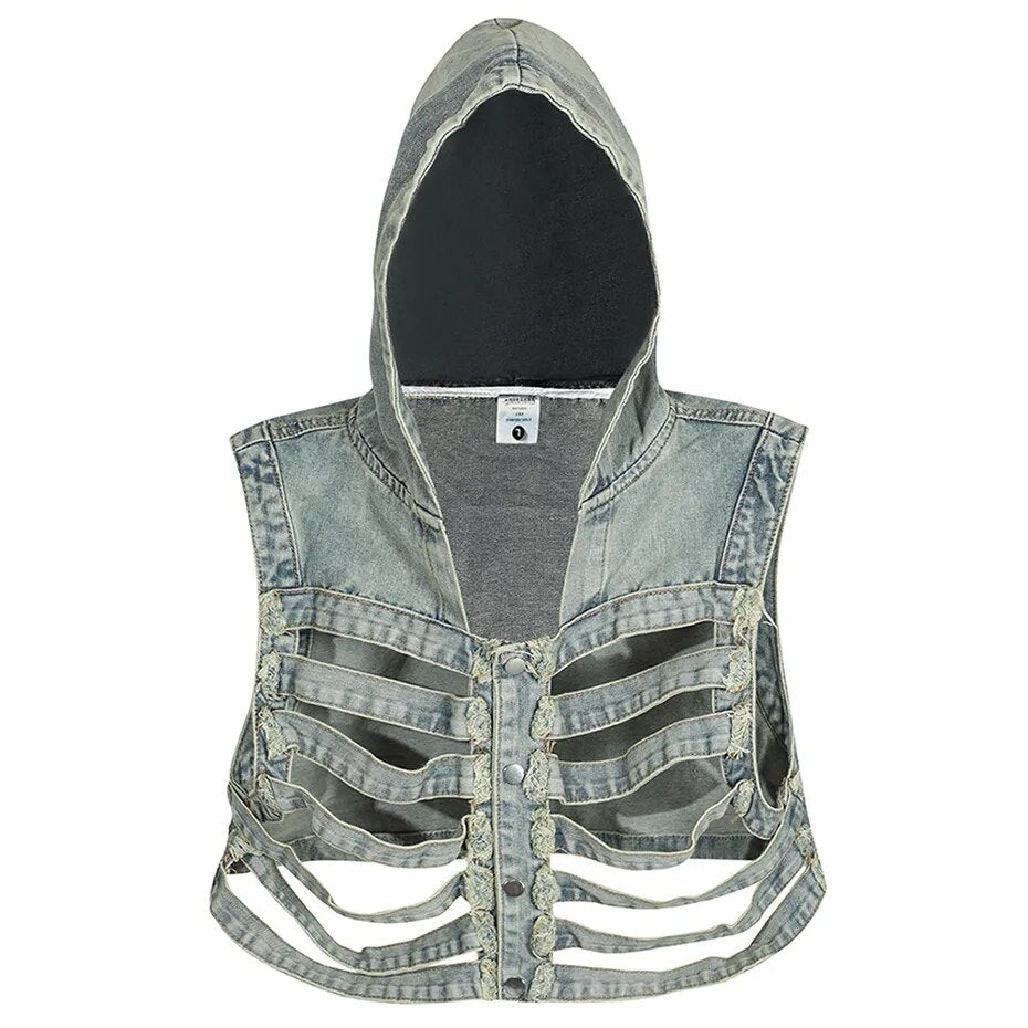 Hollow Skeleton Hooded Denim Vest