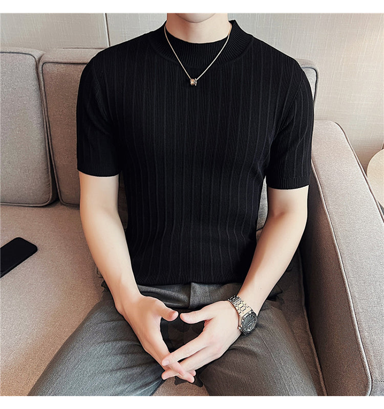 Knitted Elasticity Stripes Polyester T-Shirt