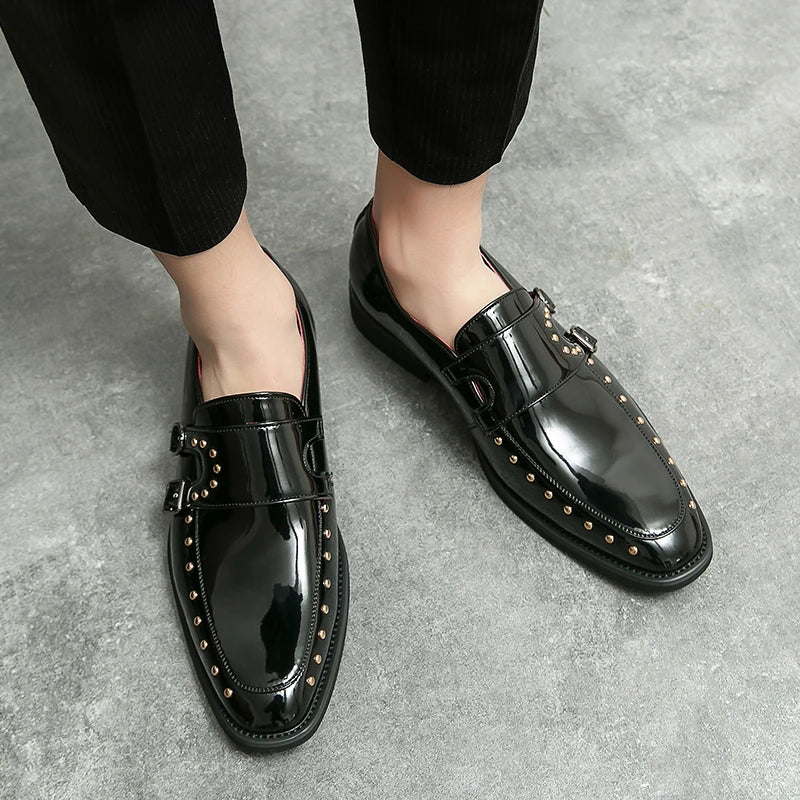 Shiny Color Rivet Leather Monk Shoes