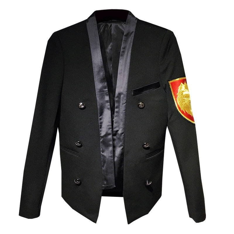 Black with Red Yellow Embroidery Badge Detail Men Blazer - FanFreakz