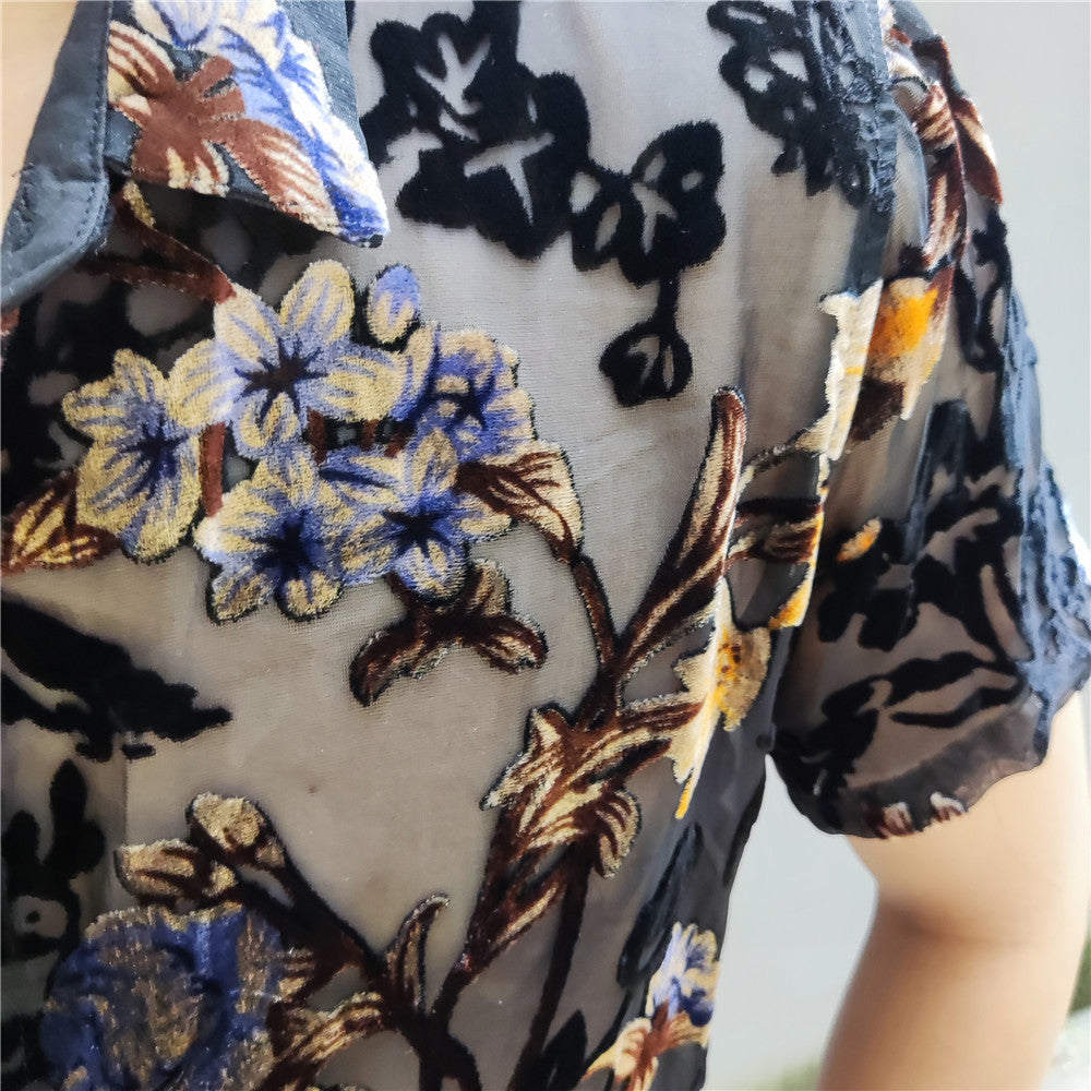 Color Floral Embroidery See-Through Shirt