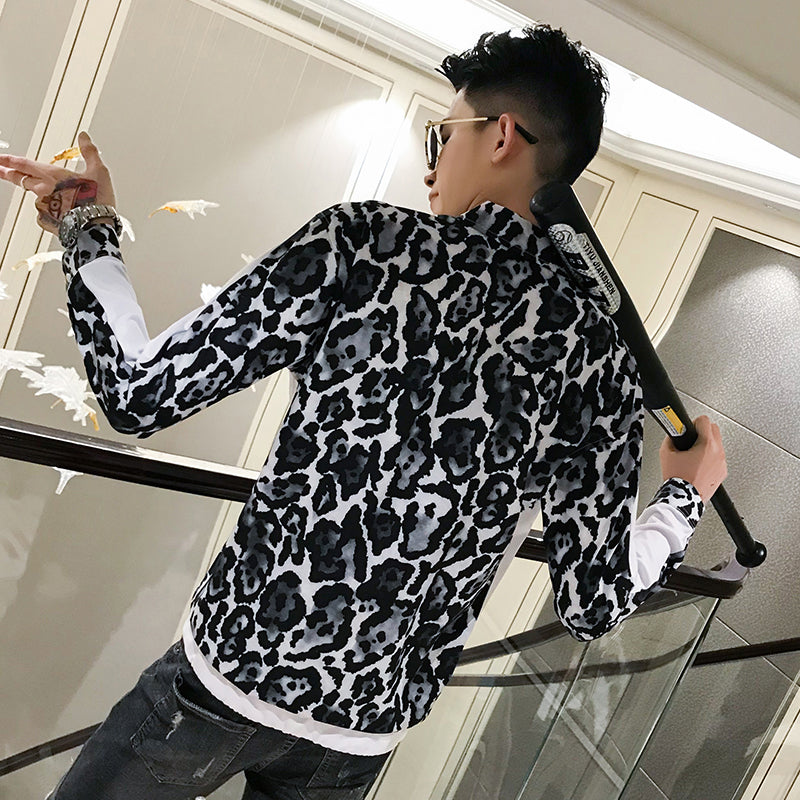 Splice Leopard Print Front Pocket Casual Style Men Shirt