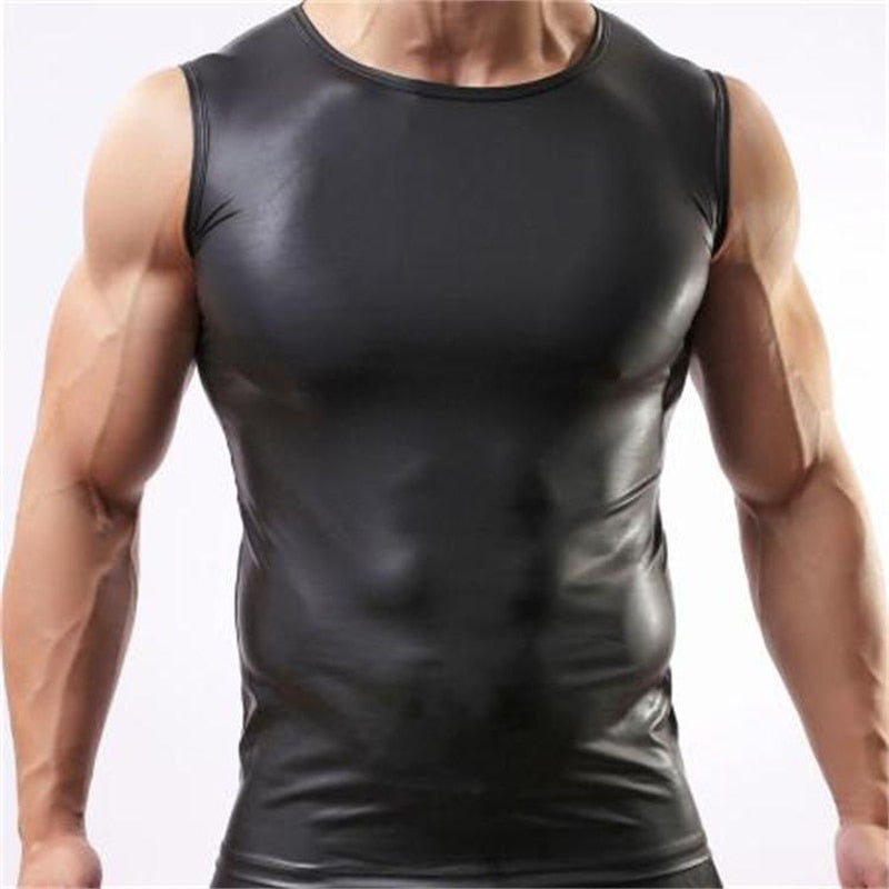 Men's Black PU Leather Undershirt