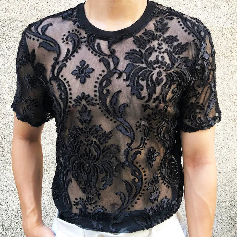 Floral Soft Velvet Slim See Through T-Shirt