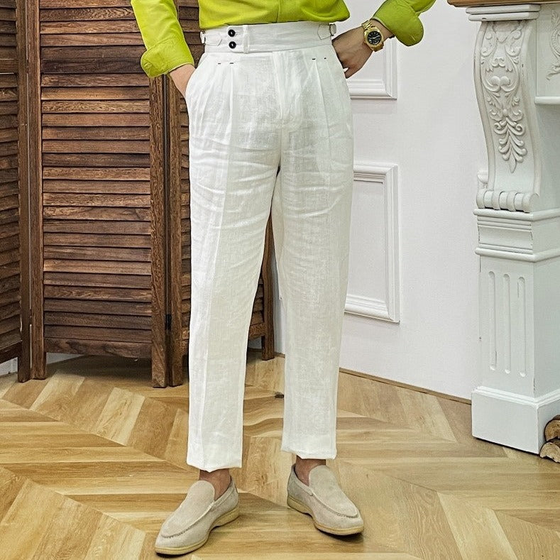 Solid Linen Straight Legs Trousers