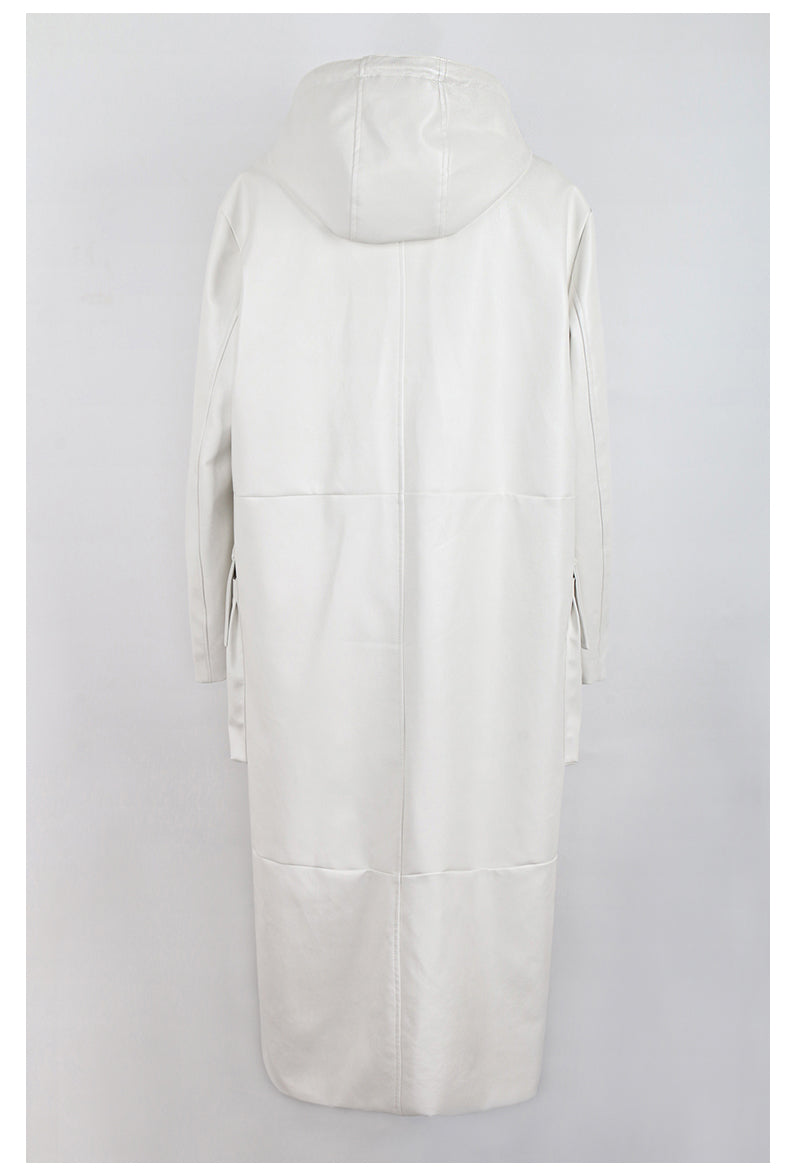 Long Black Loose Solid Leather Coat