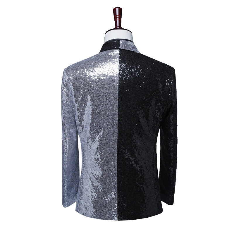 Black Silver Sequins Shawl Lapel Casual Men Blazer