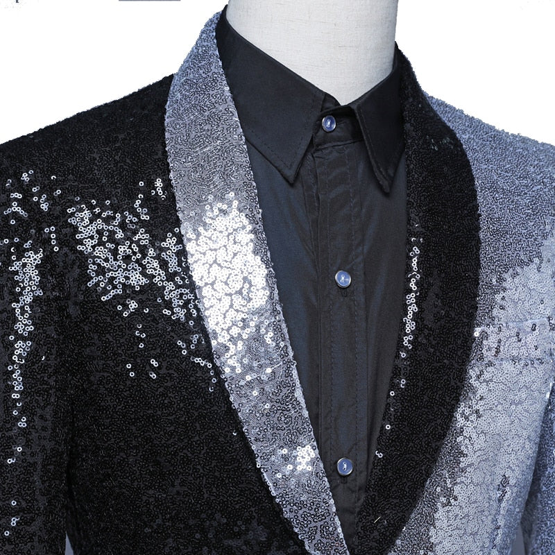 Black Silver Sequins Shawl Lapel Casual Men Blazer