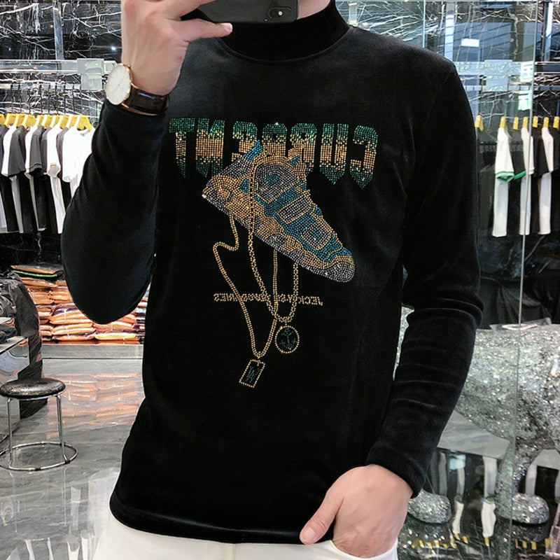 Velvet Rhinestone Decoration Long Sleeve Sweatshirt