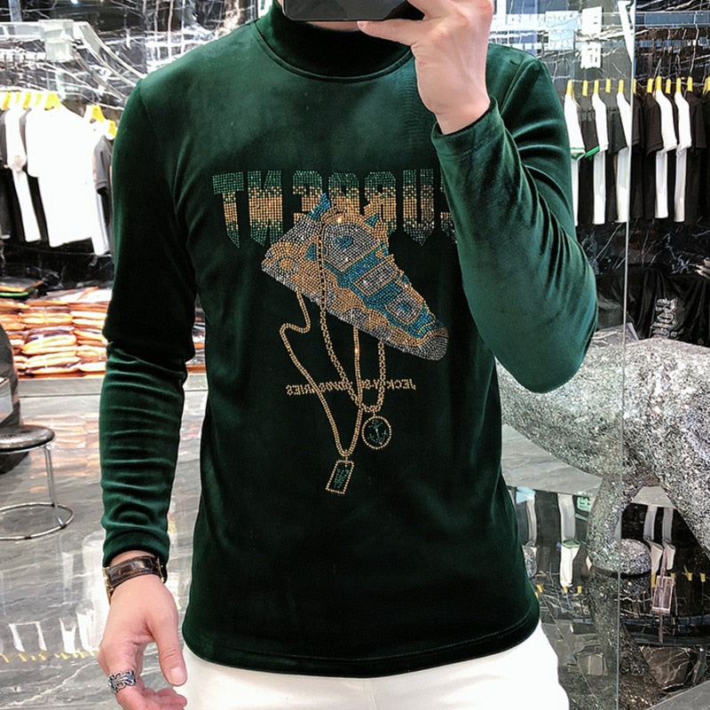 Velvet Rhinestone Decoration Long Sleeve Sweatshirt