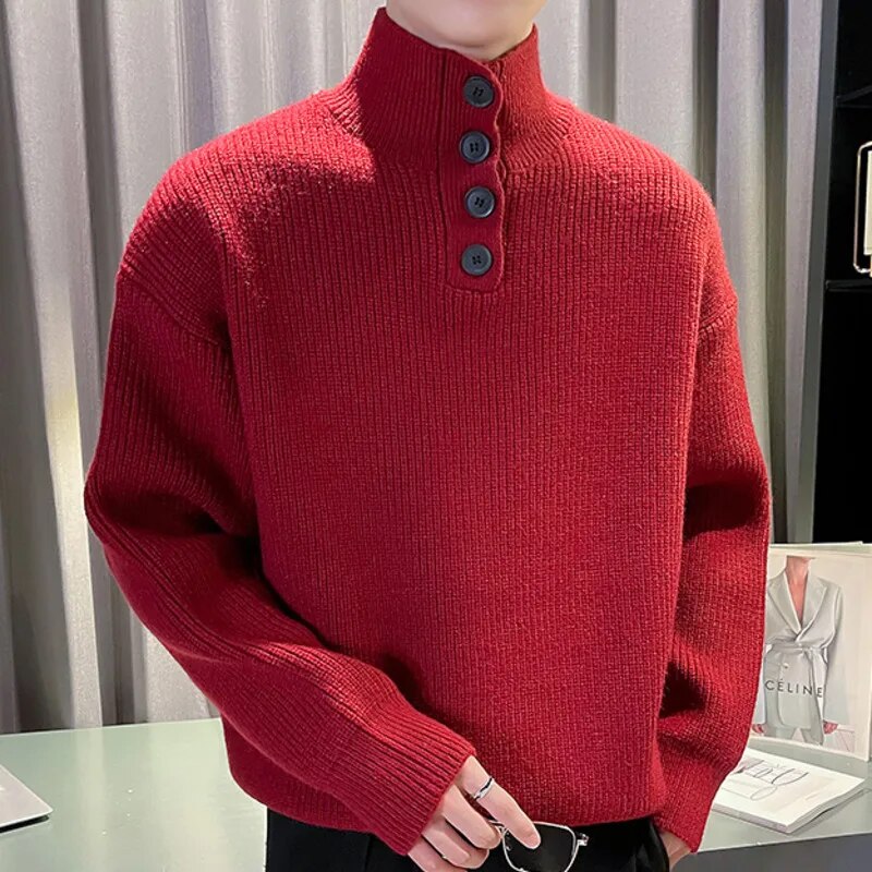 Solid Turtleneck Button Knitted Sweater