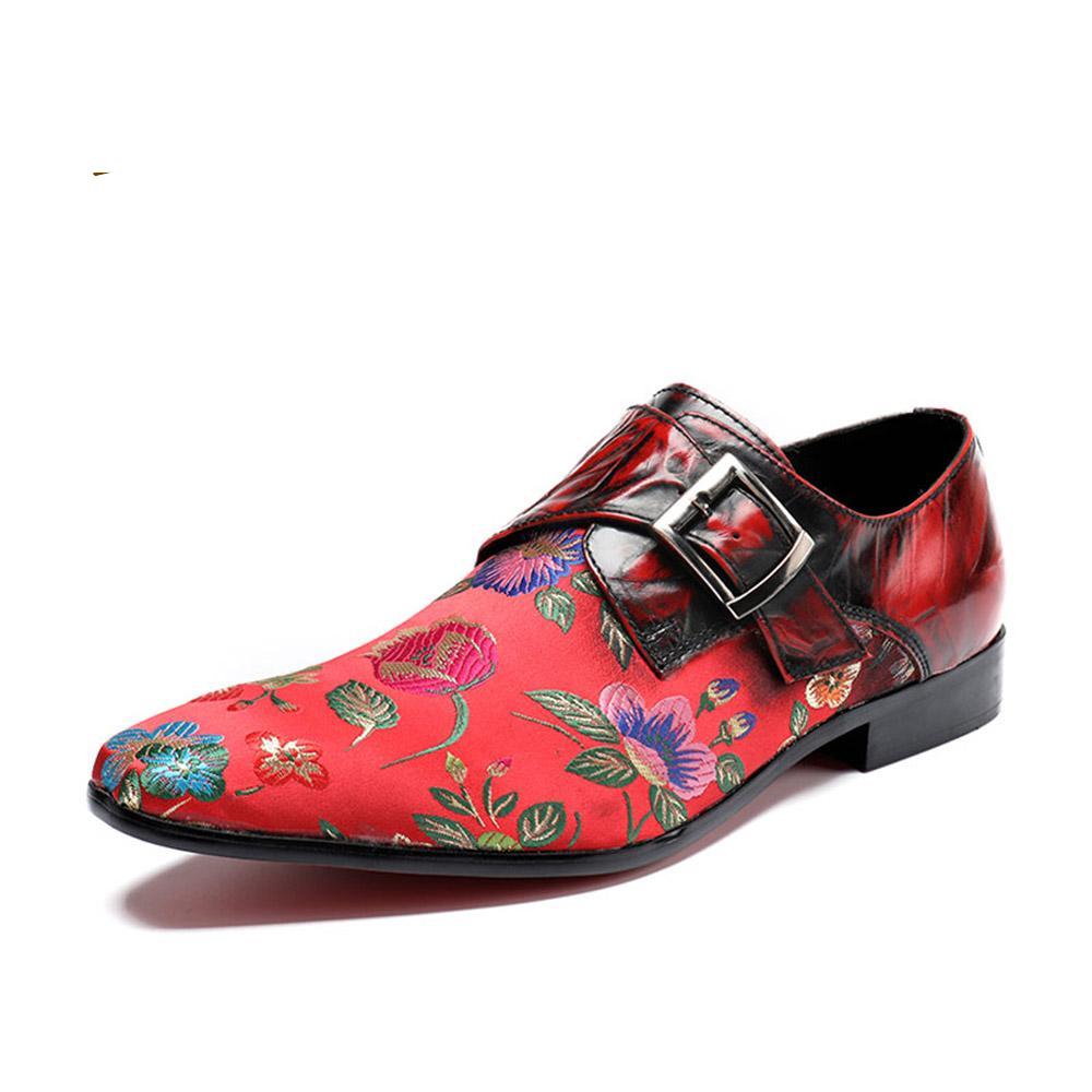 Patchwork Leather and Embroidery Fabric Men Monk Strap Shoes