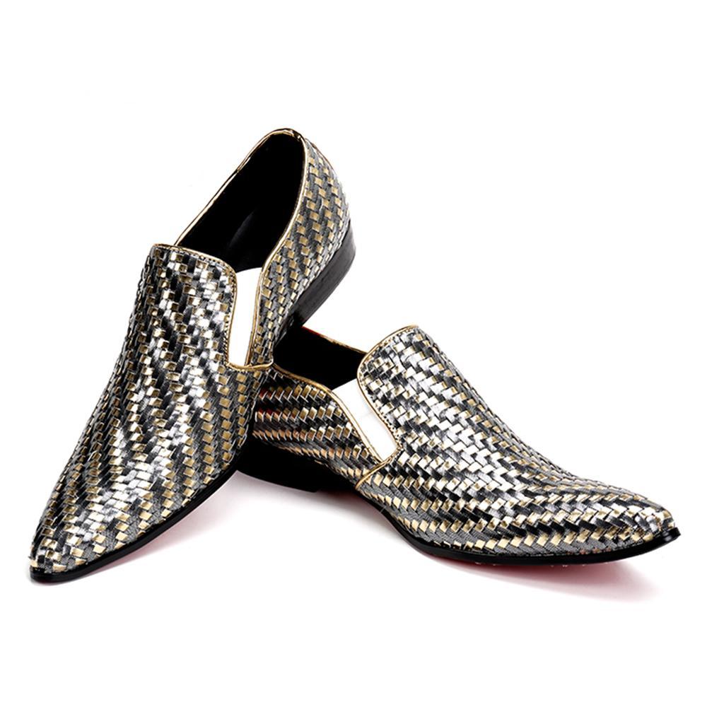 Gold Silver Braided Woven Leather Men Loafers Shoes