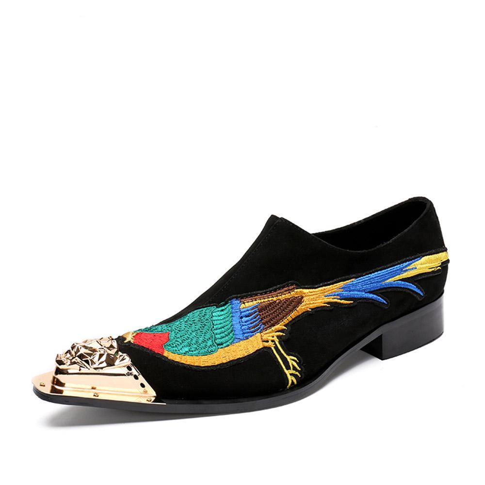 Embroidery Peacock Detail Metal Toe Men Loafers Shoes - FanFreakz