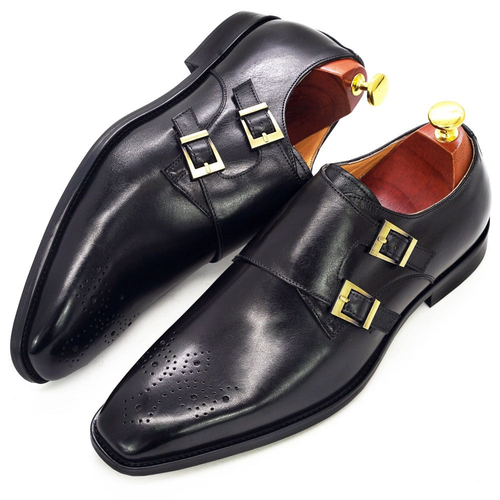 Medallion-Toed Leather Monk Shoes