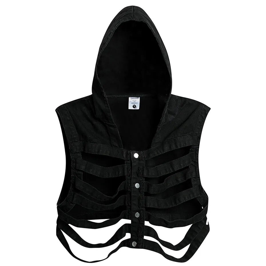 Hollow Skeleton Hooded Denim Vest