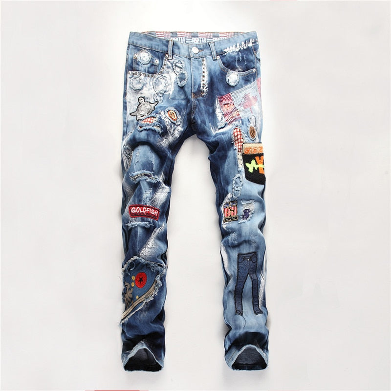 Slim Embroidery Patch and Torn Pattern Men Jeans